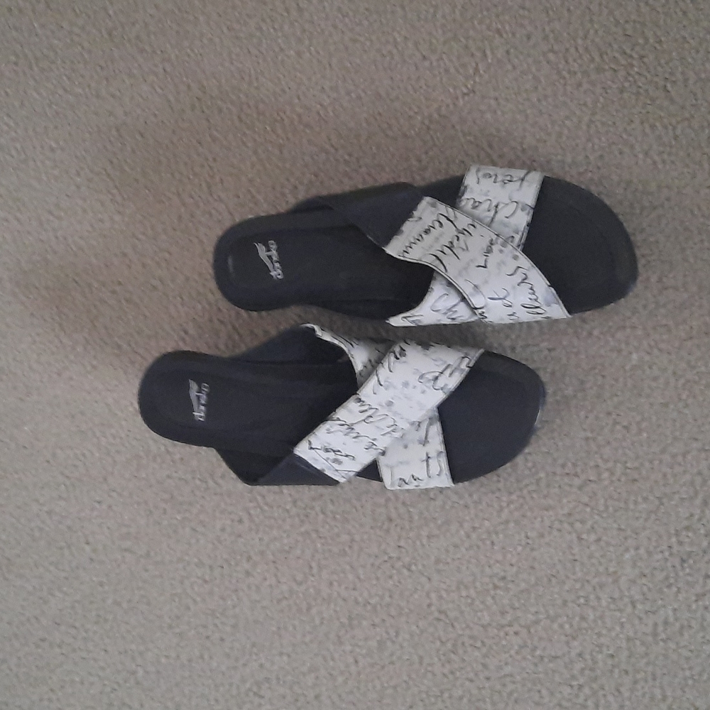 Dansko Black Sandal with White Script Crossover Straps